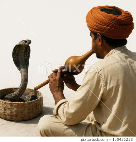 Snake Charmers, A man plays a pipe in front of a cobra. 130485238