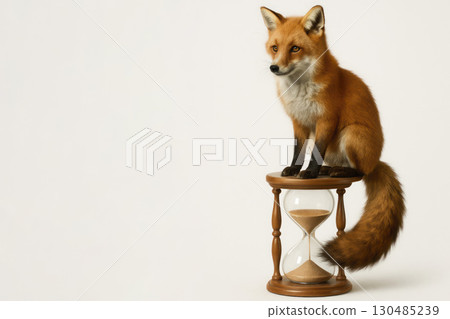 Fox sitting on an hourglass on a light background. Space for text. Fox sitting on an hourglass on a light background. Space for text. 130485239