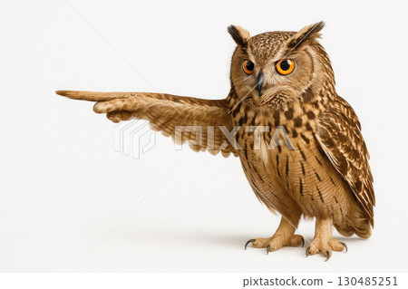 The owl points the direction with its wing. Space for text. 130485251
