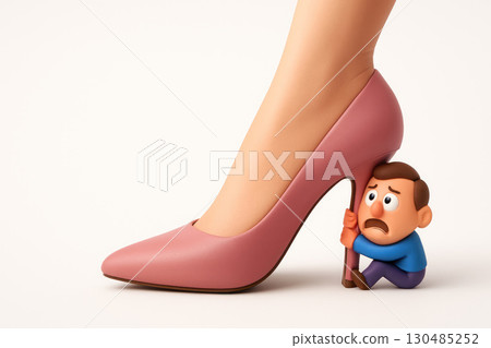 A woman's foot in a pink heeled shoe and a scared cartoon man. Space for text. 130485252