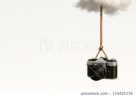 A camera suspended from a cloud on a rope. Space for text. A camera suspended from a cloud on a rope. Space for text. 130485256