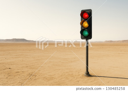 Traffic light in the desert. Space for text. 130485258