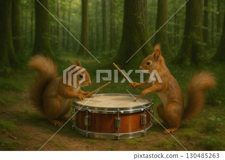 Squirrels play a drum in the forest. 130485263