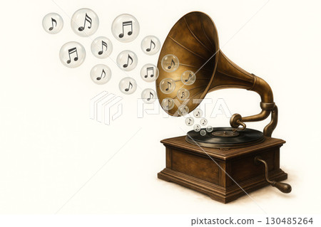 A gramophone that produces musical notes in bubbles. Space for text. 130485264