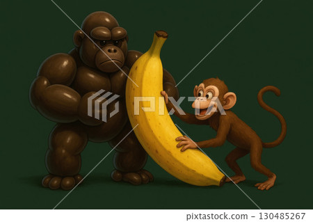 A monkey stole a huge banana from a gorilla. 130485267