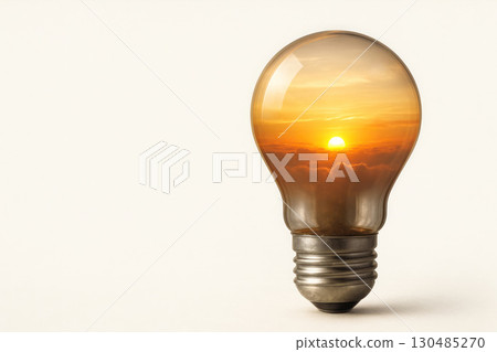 A light bulb with a reflection of the sunset inside. Space for text. A light bulb with a reflection of the sunset inside. Space for text. 130485270