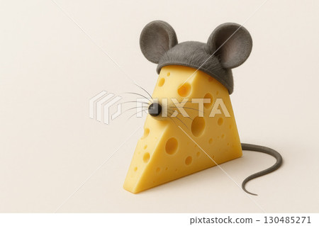 A piece of cheese is dressed up as a mouse. Space for text. 130485271