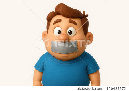 A man with a taped mouth, silence, a ban on words. Space for text. 130485272