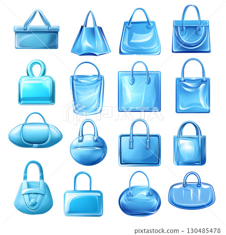 Set of blue transparent icons with infographic signs. Isolated 3D bag sign on white background. Set of blue transparent icons with infographic signs. Isolated 3D bag sign on white background. 130485478