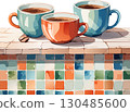 Watercolor tile counter and coffee 130485600