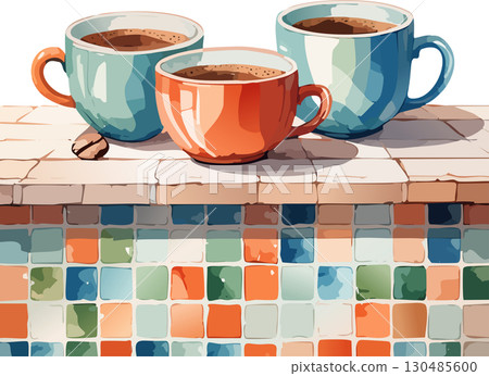 Watercolor tile counter and coffee 130485600