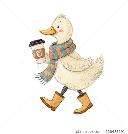 Watercolor illustration of a duck with a wool hat and striped scarf White Background 130485691