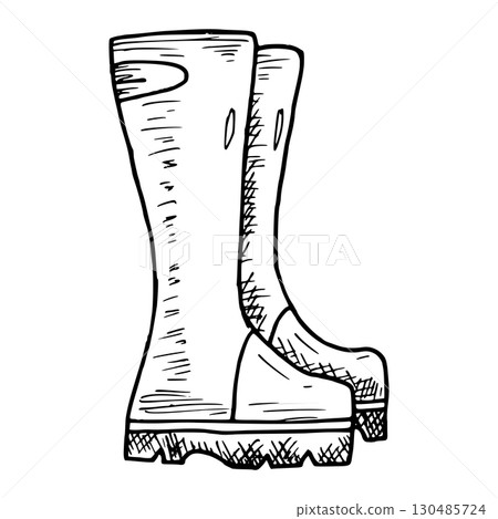 Rubber rain boots. Vector illustration of garden footwear. Hand drawn graphic with black ink. Line drawing of garden element. Outline art of boots in rustic style for farm or harvest festival design. 130485724