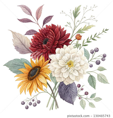 Watercolor illustration of an autumn floral bouquet White Background Watercolor illustration of an autumn floral bouquet White Background 130485743