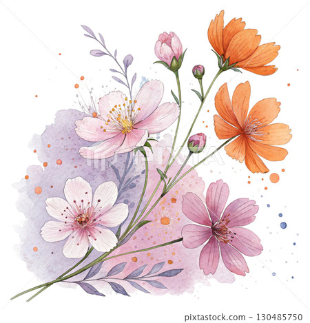 Watercolor illustration of an autumn floral bouquet White Background 130485750