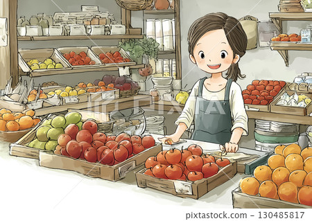 充滿能量的妖精「科技妖精」在水果店賣水果的場景。可愛的插畫素材。 130485817
