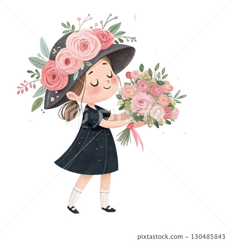 A cute girl holding a beautiful bouquet of flowers White Background 130485843