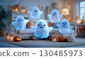 Group of cute white ghosts flying around the living room painted with pumpkins for Halloween. Levitating ghost in the house. Fairytale, mystical Halloween card background 130485973