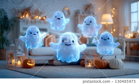 Group of cute white ghosts flying around the living room painted with pumpkins for Halloween. Levitating ghost in the house. Fairytale, mystical Halloween card background 130485973