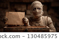 Creepy mummy wrapped in bandages holding blank paper in wooden chest, spooky Halloween horror mockup with space for text 130485975