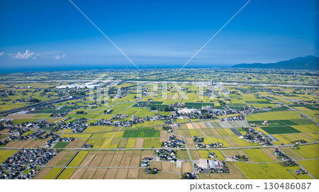 The Kurobe River alluvial fan and various infrastructure seen from the Kurobe City side 130486087