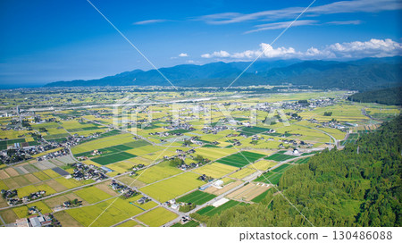 The Kurobe River alluvial fan and various infrastructure seen from the Kurobe City side The Kurobe River alluvial fan and various infrastructure seen from the Kurobe City side 130486088