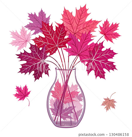 glass vase filled with vibrant autumn maple leaves White Background 130486158
