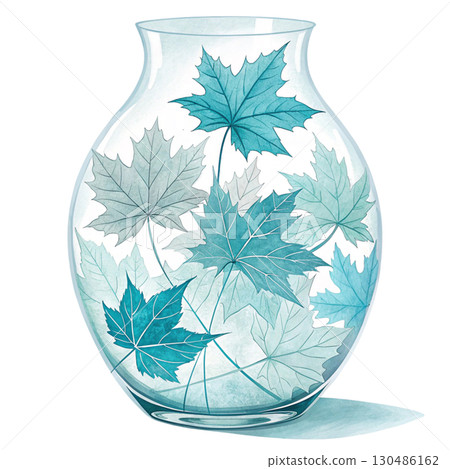glass vase filled with vibrant autumn maple leaves White Background 130486162