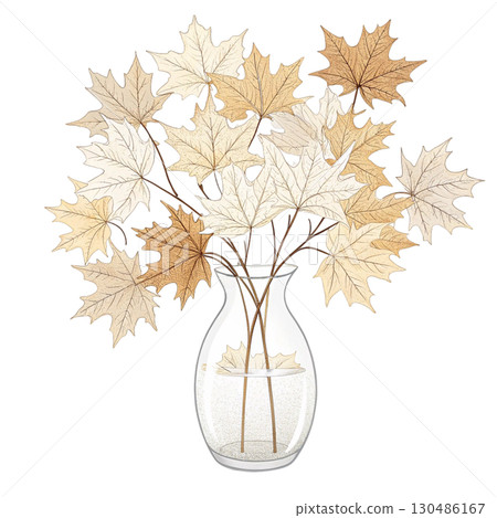 glass vase filled with vibrant autumn maple leaves White Background 130486167