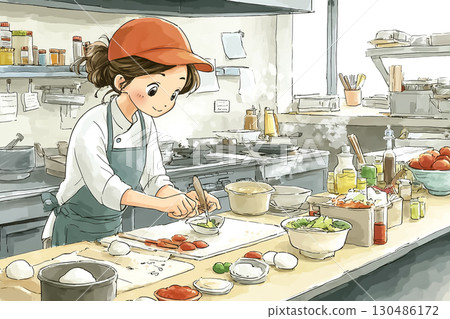 Female staff cooking in the kitchen of a fast food restaurant 130486172