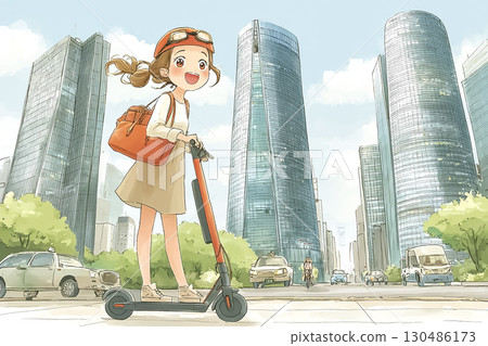 Miyu Series: A woman moving around the office district on an electric kick scooter 130486173
