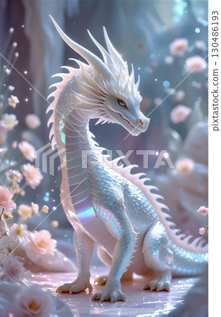 A mystical dragon with shimmering scales in shades of white and pastel hues stands amidst an ethereal setting. 130486193