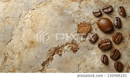 roasted coffee beans on brown stone background roasted coffee beans on brown stone background 130486291