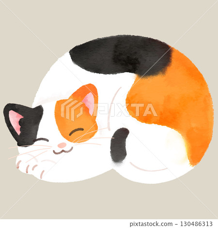 A simple and cute illustration of a calico cat sleeping curled up with a smile - watercolor 130486313