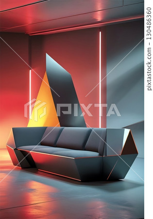Futuristic interior with geometric furniture and lighting. A sleek, angular sofa in dark gray with sharp, metallic edges complements the modern aesthetic.  130486360