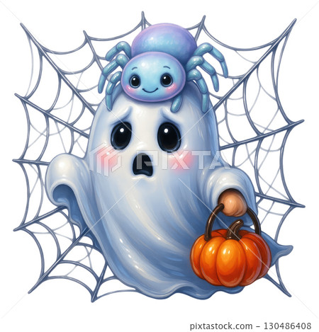 Cute ghost with spider and pumpkin web, Halloween character with 130486408