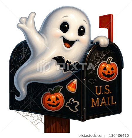 Happy ghost waving from Halloween mailbox with pumpkin and bat 130486410