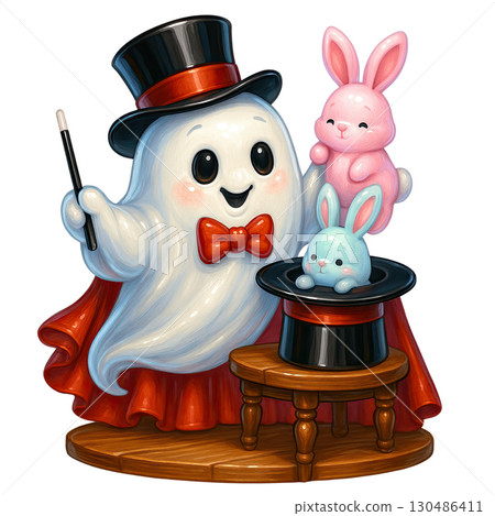 Cute ghost magician with top hat and rabbits performing magic 130486411