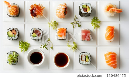 assorted sushi platter on white background 130486455
