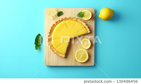 lemon tart on wooden board with lemon slices and mint lemon tart on wooden board with lemon slices and mint 130486456