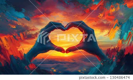 heart shaped hands at sunset 130486474