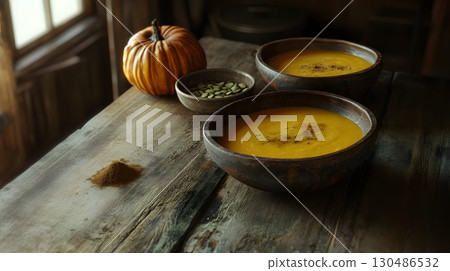 rustic autumn pumpkin soup bowls 130486532