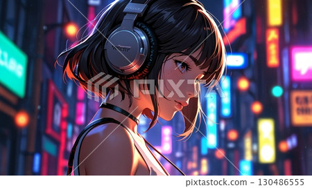 Illustration of a beautiful woman listening to music in Midnight Town Illustration of a beautiful woman listening to music in Midnight Town 130486555