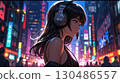 Illustration of a beautiful woman listening to music in Midnight Town 130486557