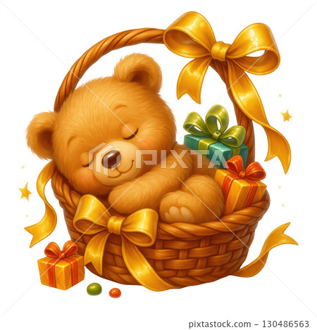 Cute teddy bear sleeping in basket with gift boxes and ribbons 130486563