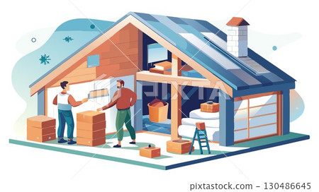 Improve insulation in attics, walls, and floors to minimize heat loss in winter and heat gain in summer, lowering energy costs. 130486645