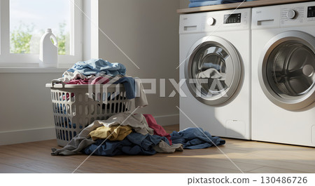 Laundry room scene featuring a basket overflowing with colorful clothes beside modern washing machines, showcasing the everyday task of doing laundry in a bright, inviting space 130486726