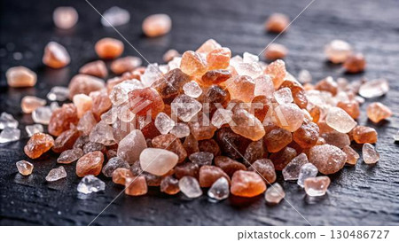 A close-up of a pile of pink Himalayan salt crystals on a black 130486727