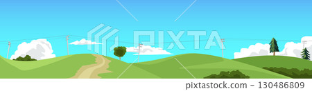 Hills are covered with green grass. Trees growing on the hilltops. Electric poles stand tall across the mountaintops. Distribute electricity throughout the area. Dirt road leading up the hills. Hills are covered with green grass. Trees growing on the hilltops. Electric poles stand tall across the mountaintops. Distribute electricity throughout the area. Dirt road leading up the hills. 130486809