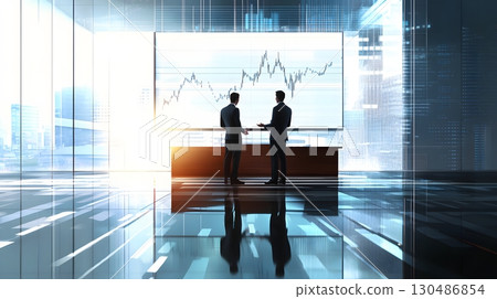 businessmen analyzing financial data on screen in modern office 130486854